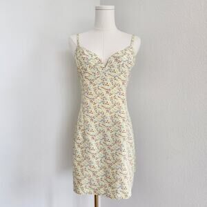 90s Express Yellow Blue Red Floral Romper Skort Dress Mini Spaghetti Strap S